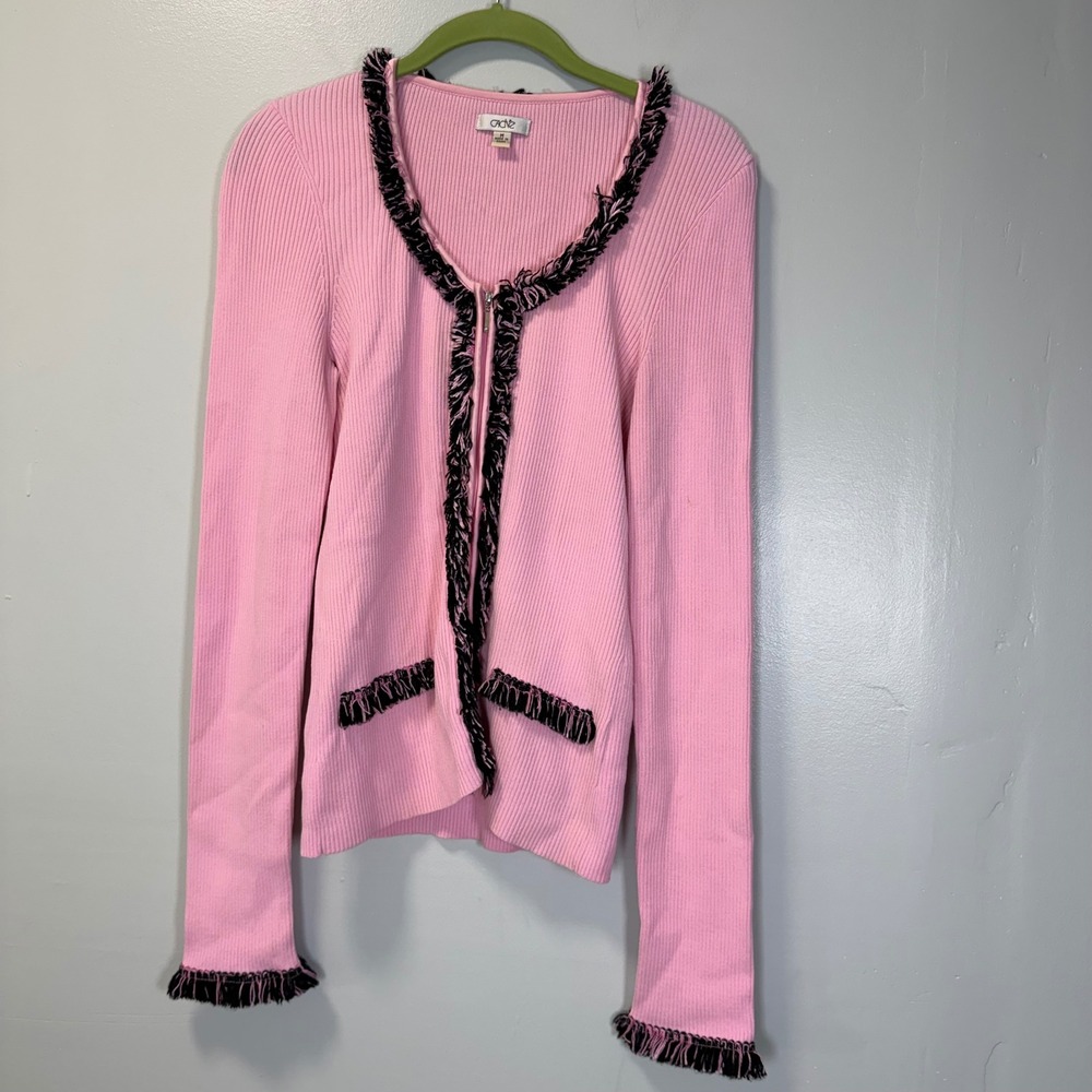 Cache Vintage‎ Y2K Pink Ribbed Knit Zip Front Cardigan Eyelash Fringe Trim Twee